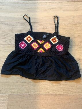 Dizzy Lizzy Black Crochet Floral Babydoll Cami Top Size L